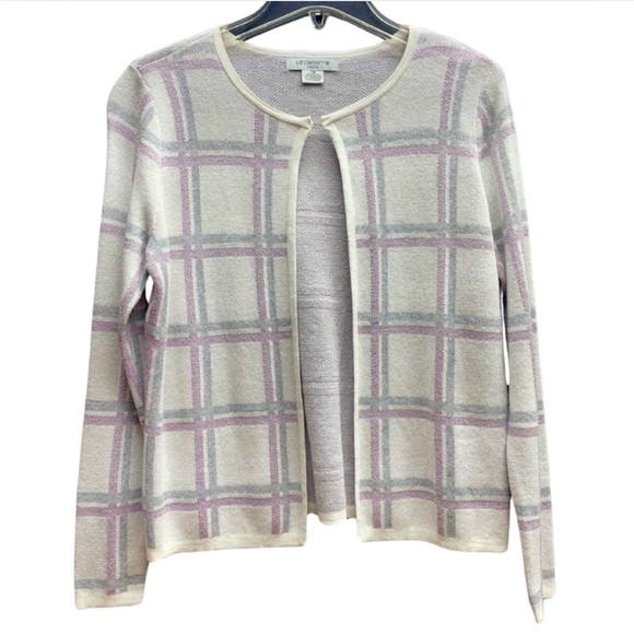 NWT Liz Claiborne White Purple Sparkly Plaid One Button Cardigan Sz PM - Picture 1 of 7